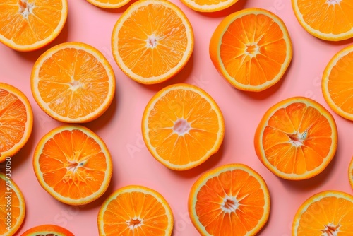 Many orange slices on color background