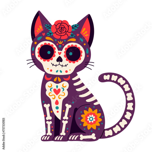 Day of the Dead, Dia de los muertos, cat skull and skeleton decorated with colorful Mexican elements and flowers. 