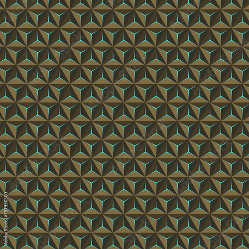 Geometric seamless pattern. Golden 3D triangles with blue neon centers. Modern design. Vector illustration.