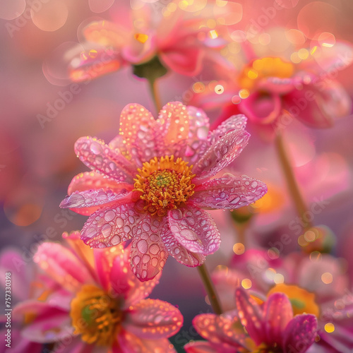 Close-up of bright blooming flowers, dew drops on petals, soft morning light
