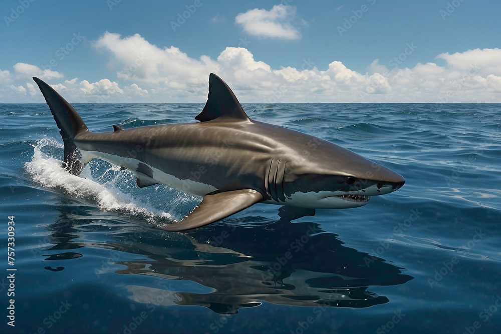 Fototapeta premium In the silent depths of the ocean's domain, the shark prowls with silent determination, its sleek silhouette a symbol of primal power, while its piercing gaze reflects the mysteries of the abyss, embo