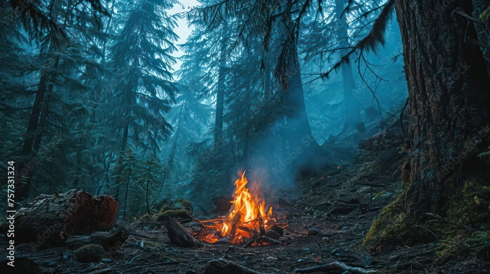 the magic of a bonfire in a mystical cedar forest, with the soft light and smoky tendrils creating an ethereal atmosphere reminiscent of a fairy tale - obrazy, fototapety, plakaty 