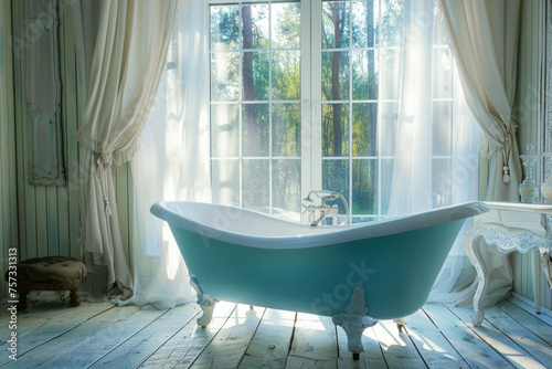 Vintage turquoise bathtub in the bathroom with large windows © pilipphoto