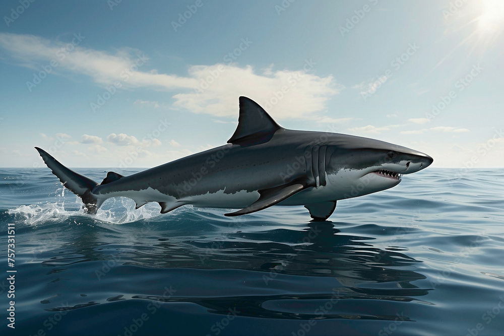 Fototapeta premium In the silent depths of the ocean's domain, the shark prowls with silent determination, its sleek silhouette a symbol of primal power, while its piercing gaze reflects the mysteries of the abyss, embo