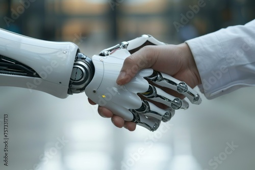 Ai and human hand shake. Machine handshake. Generate Ai © anatolir