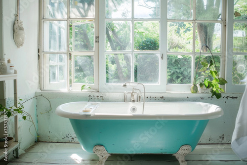 Vintage turquoise bathtub in the bathroom with large windows