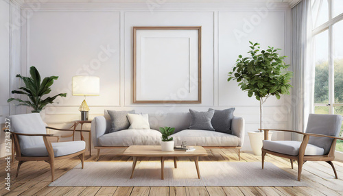 Scandinavian interior poster mock up with horizontal wooden frames, light grey sofa on wooden floor, wooden side table and green plant in living room with white wall. 3d illustrations. © netsay
