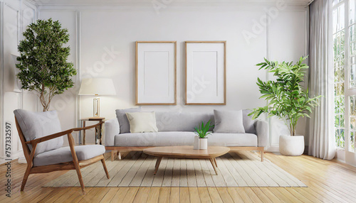 Scandinavian interior poster mock up with horizontal wooden frames  light grey sofa on wooden floor  wooden side table and green plant in living room with white wall. 3d illustrations.