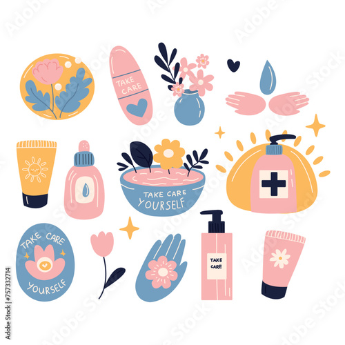 Vector set of hand drawn beauty products. Vector illustration in flat style.