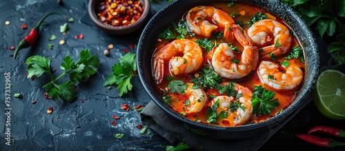 Tom Yum top view. A skillet of shrimp in a tomato based sauce with parsley on top. web banner with Copy space for text.