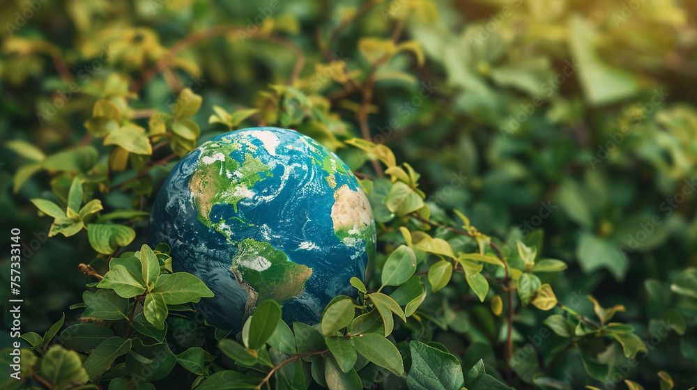 Paper Earth globe nestled in green foliage Paper Earth globe nestled in green foliage