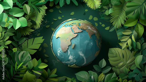 Paper Earth globe nestled in green foliage