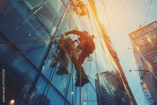 A man is cleaning the windows of a tall building against the electric blue sky, creating a symmetrical facade in the city, like a fictional character in a futuristic event photo