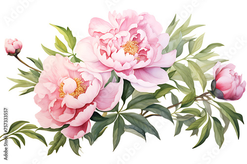 watercolor painting realistic Pink peony  branches and leaves on white background. Clipping path included.