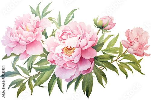 watercolor painting realistic Pink peony  branches and leaves on white background. Clipping path included.