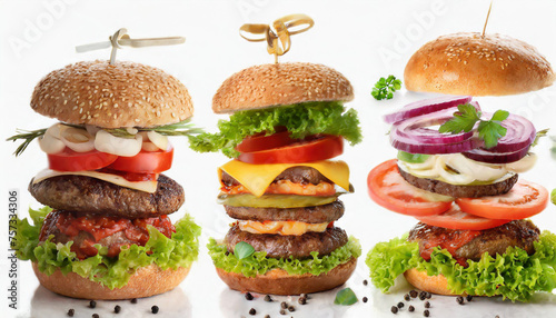set of different burgers with ingredients by layers white isolated