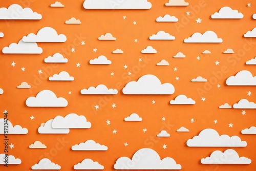 White paper clouds on Orange background. Cloud computing concept. a very cute Orange sky with some clouds on Paper
