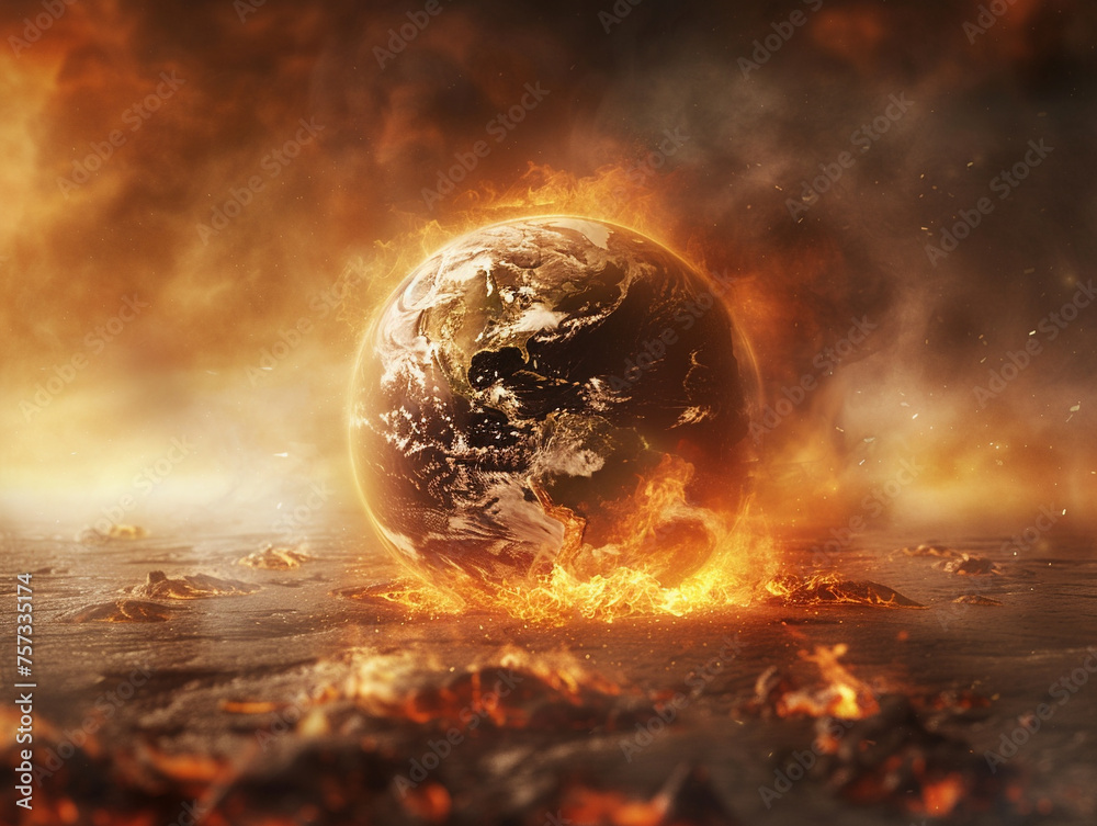 Burning globe symbol of a world ravaged by the relentless demands of finance and industry