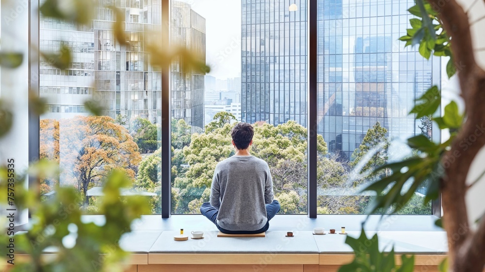 Individual meditating with a serene cityscape backdrop. Incorporating mindfulness into daily life with urban tranquility
