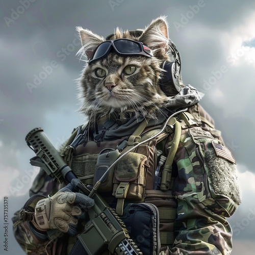 Commanding feline in camouflage gear a strategic and vigilant military cat on patrol photo