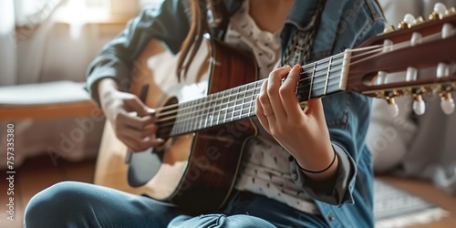 Woman play acoustic guitar in closeup , concept of Music performance