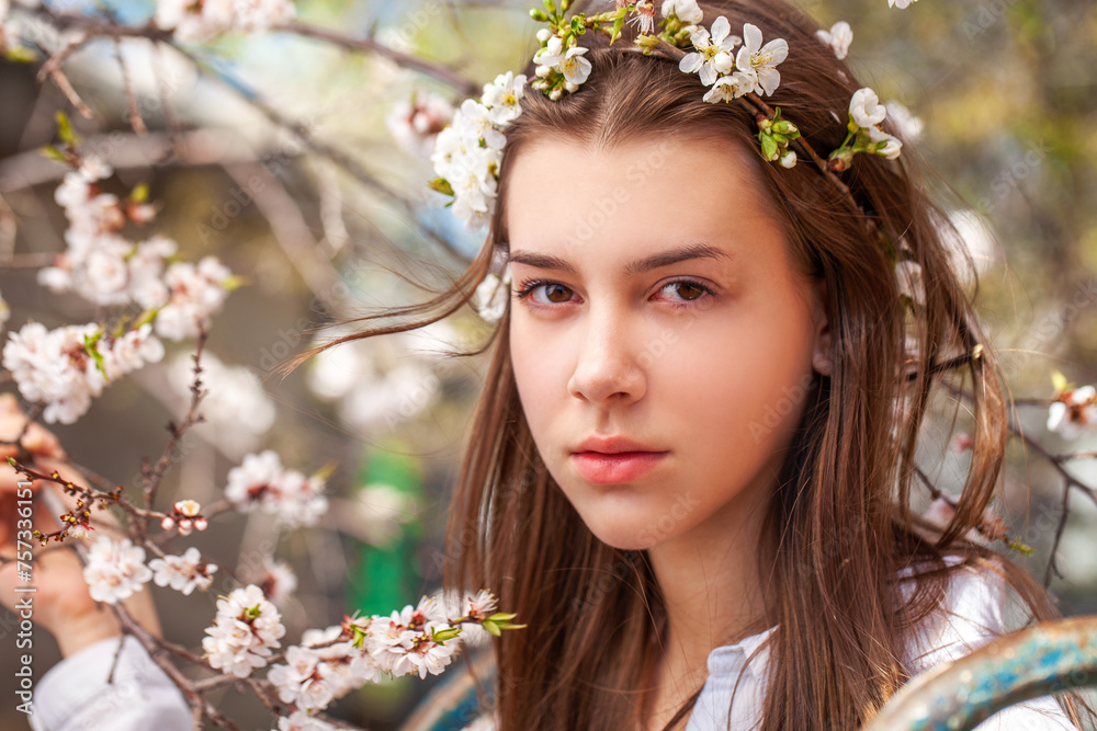 Fototapeta premium Young beautiful woman in a blooming garden