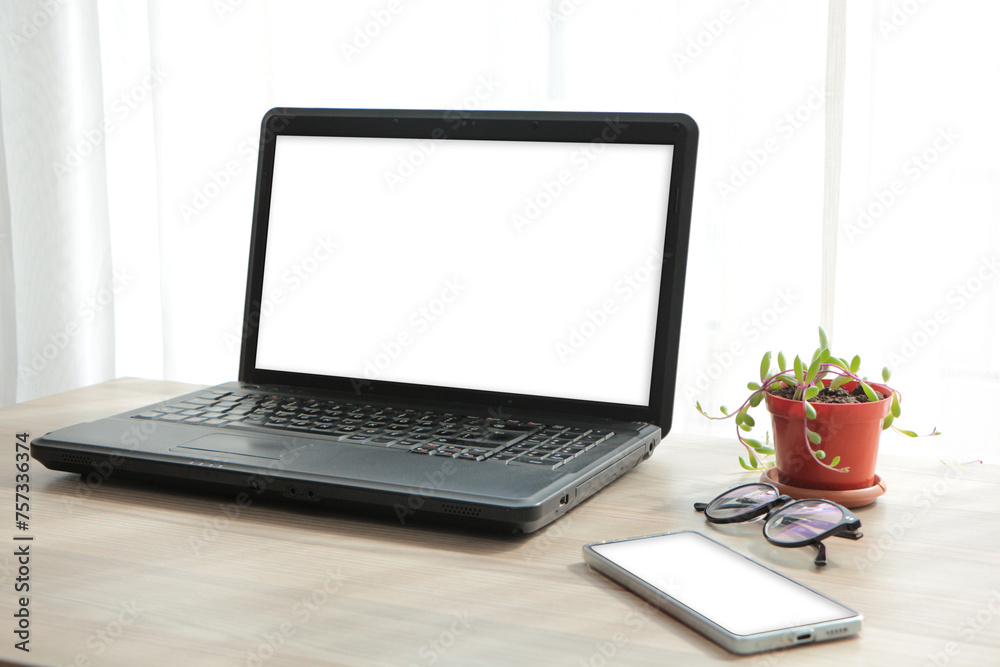 Laptop and smart phone with blank white screen, black framed glasses, Othonna capensis Succulent Plant in Pot on the desk. Laptop and phone with blank screen. Home interior or office background