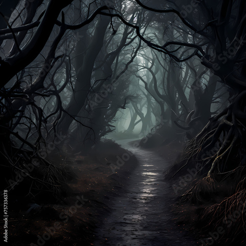 A mysterious foggy forest with hidden pathways.