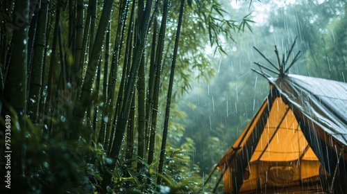 the magic of rain on a tent in a mystical bamboo forest, with the raindrops creating patterns on the slender green stalks and adding to the otherworldly atmosphere