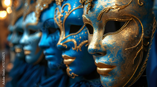 Row of venetian masks in gold and blue. generative ai ai © Malaika