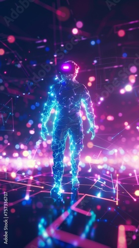 Virtual Reality Human Figure Made of Network Lines in a Dynamic Digital Space