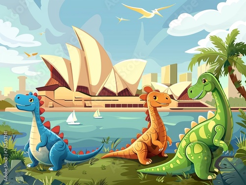 The cute dinosaurs marveling at the Sydney Opera House in Australia © Nattapoom