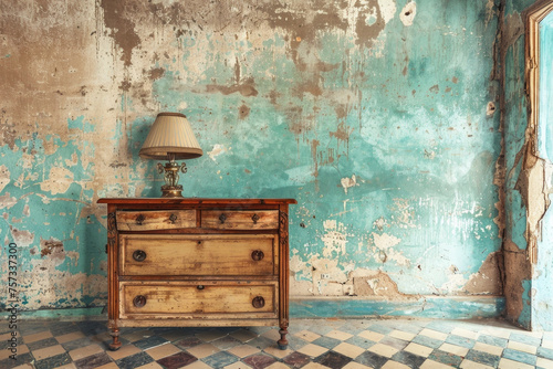 Ancient vintage dresser near dilapidated grunge wall photo