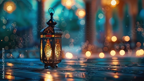 Arabic lantern with bokeh lights. Ramadan Kareem background, ai generative