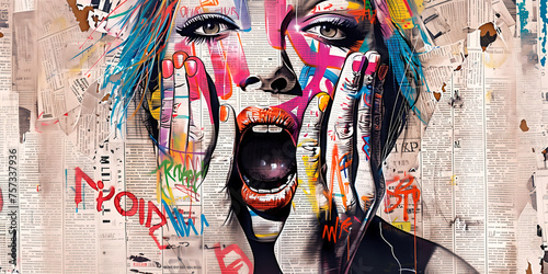 Graffiti, collage of grunge newspapers and multicolored painting splash, pop culture illustration of a woman's face with a surprised expression, urban graphic artwork, mixed media