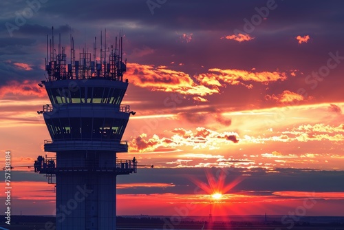 Airport control tower sunset. Control air traffic. Generate Ai photo