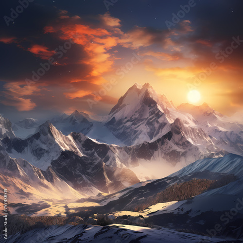 A snow-covered mountain range at sunrise.  © Cao