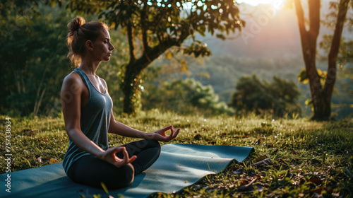 Woman is practicing yoga in a lotus pose, meditating peacefully during sunset in a serene outdoor setting.