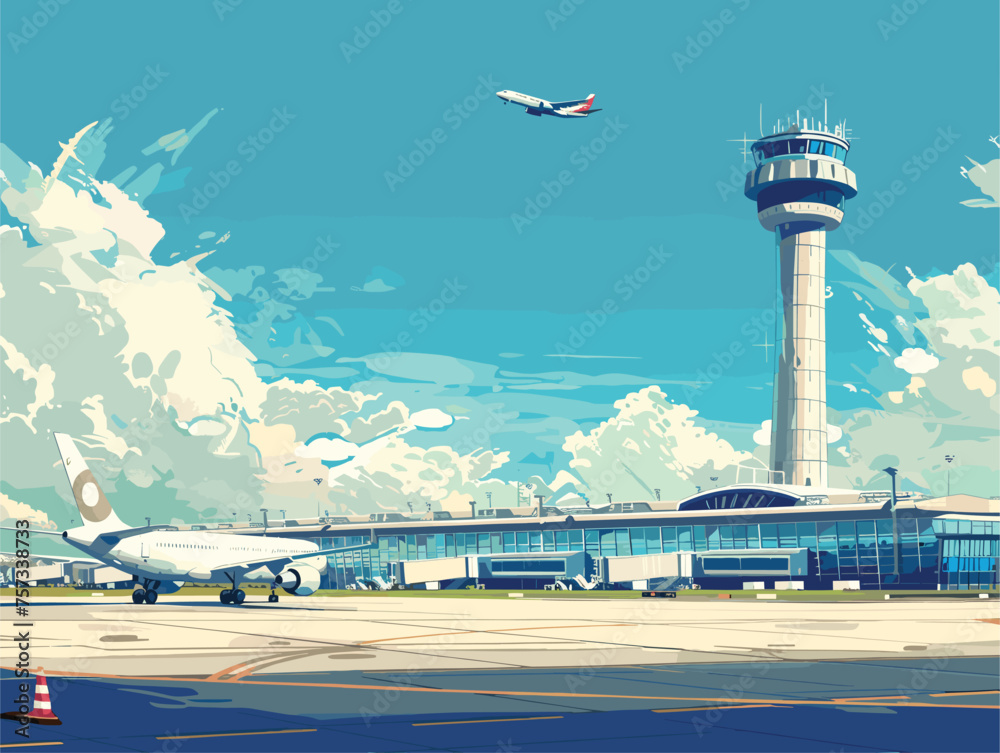 An airplane is departing from an airport with a tower against the sky