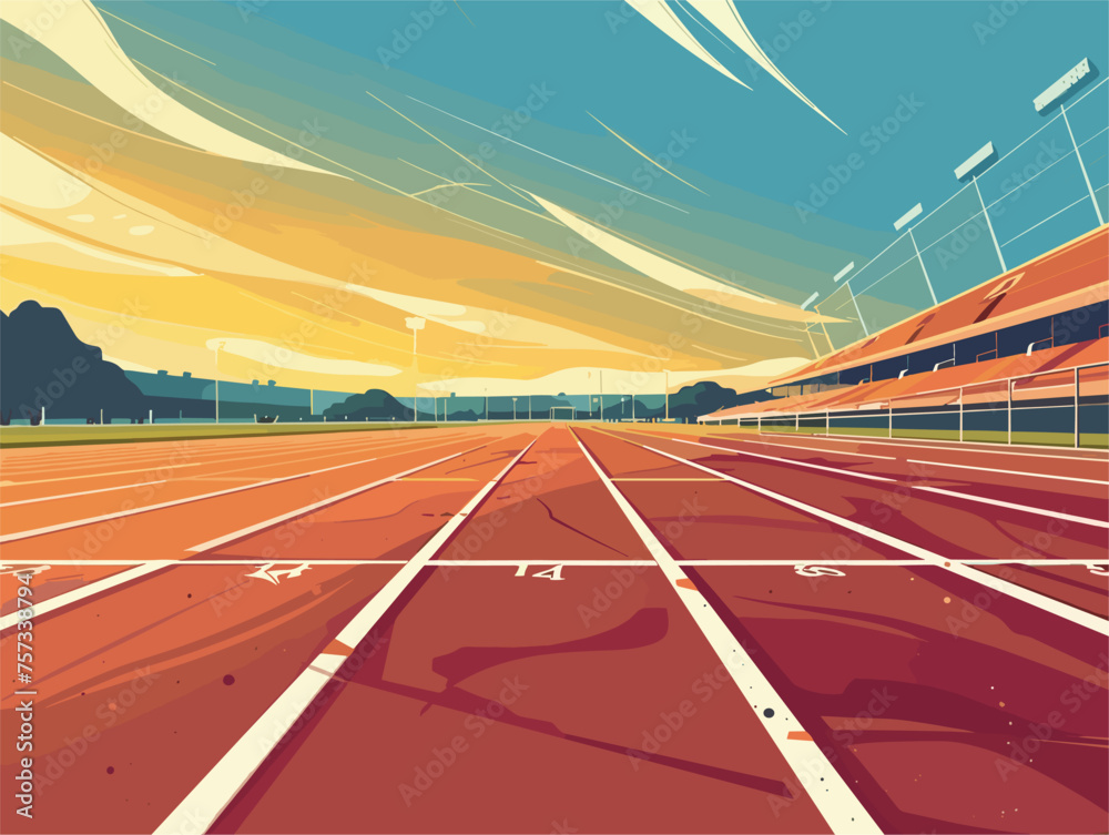 Cartoon running track with stadium, sky, and clouds in the background