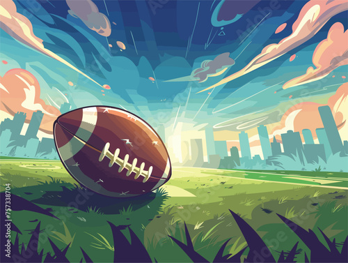 Artistic football illustration on grass field with city skyline in background