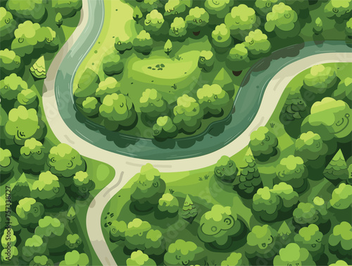 Aerial view of a green park with trees and a winding river