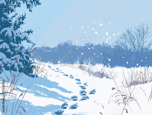 Footprints mark the snowy path on the slope, under a freezing sky