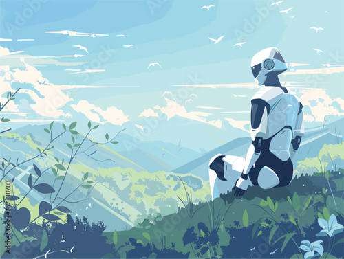Robot gazes at mountains from hilltop in natural landscape