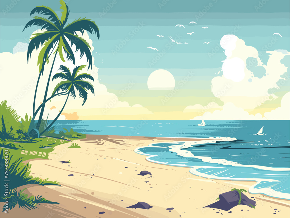 Azure sky, palm trees, and waves on a tropical beach
