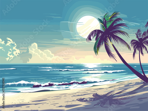 Sunlight filtering through clouds onto a tropical beach with palm trees