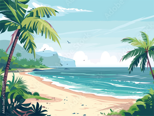 Sandy beach with palm trees, mountains, and clear blue skies