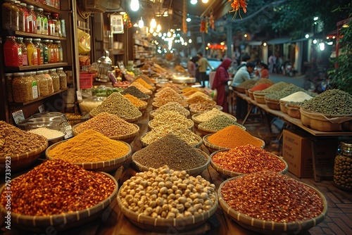 A bustling Asian market with vendors selling exotic spices and ingredients