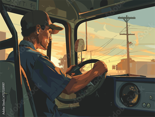 Man wearing baseball cap drives bus with automotive mirror and steering wheel