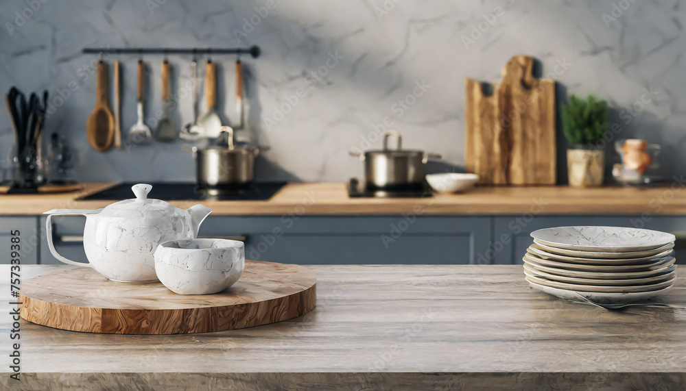 Wooden table on blurred kitchen bench background. Empty wooden table and blurred kitchen background Wooden table on blurred kitchen bench background. Empty wooden table and blurred kitchen background